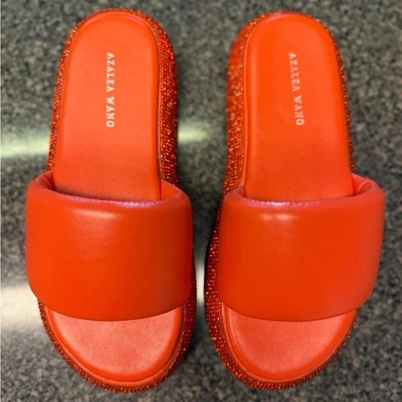“AZALEA WANG” Rhinestone Platform Puffed Slide Sandals - Picture 6 of 13